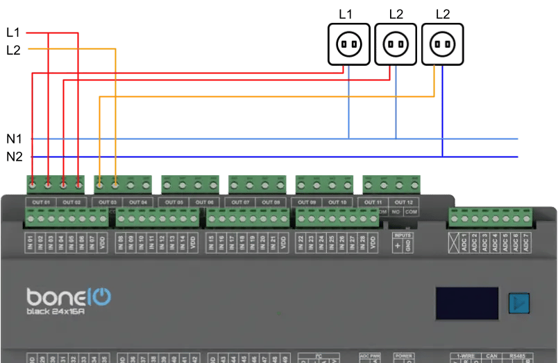 Graficzny schemat podłączenia trzech obwodów z 2 faz