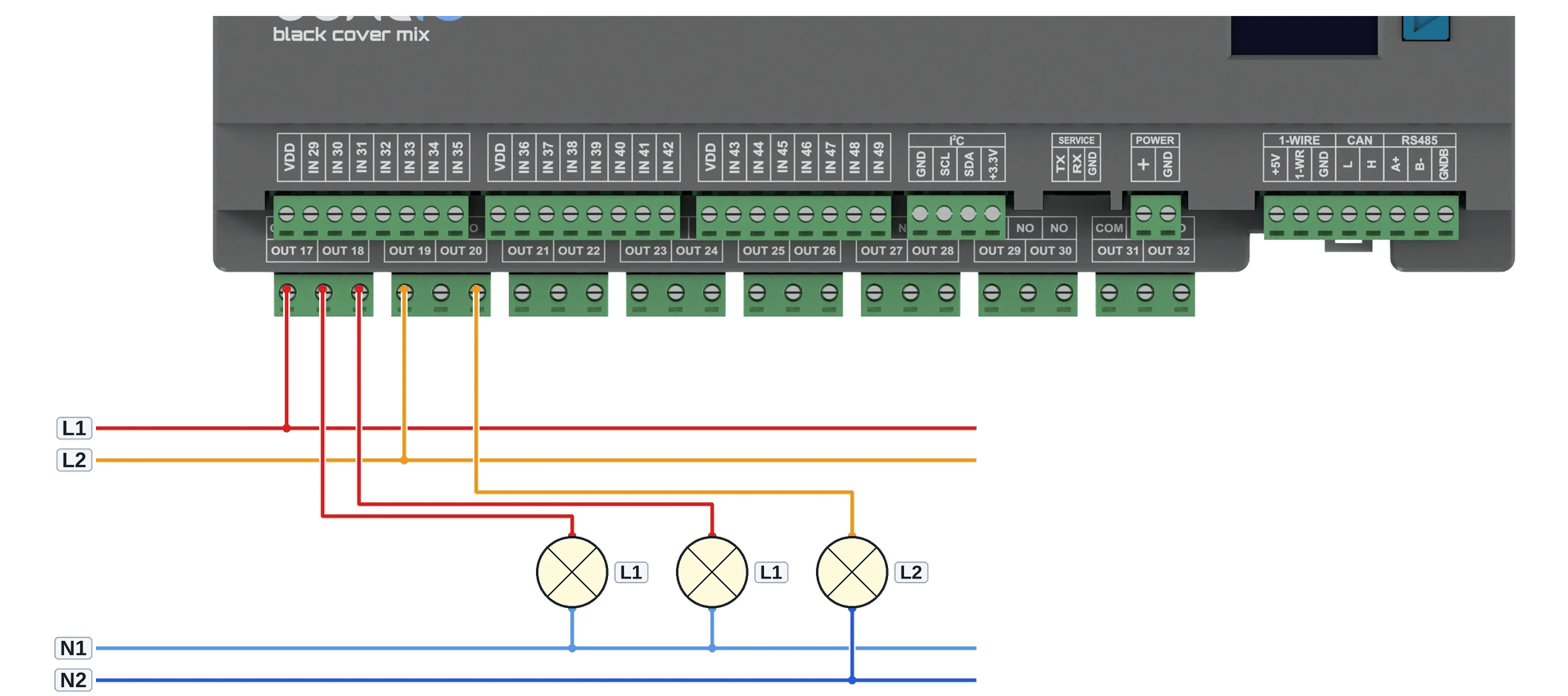 Graphical diagram of connecting two circuits to a shared COM