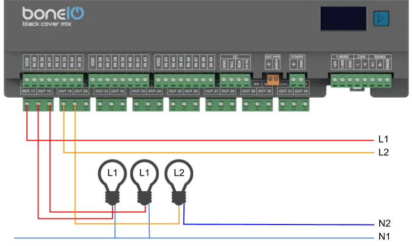 Graficzny schemat podłączenia dwóch obwodów do wspólnego COM