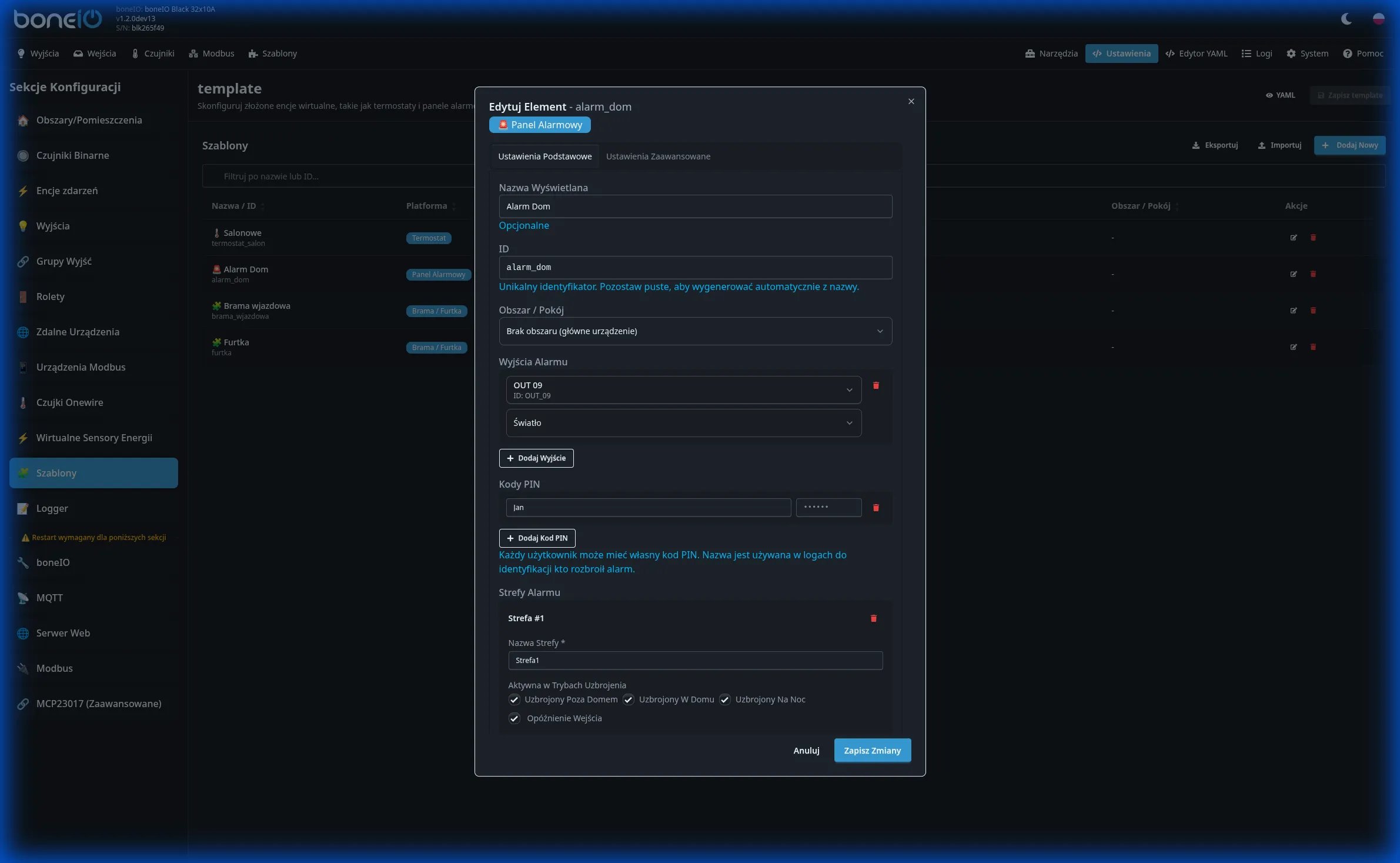 Edycja panelu alarmowego