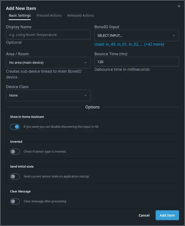 Binary sensors menu view