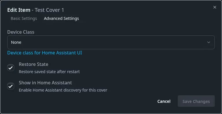 Advanced settings view