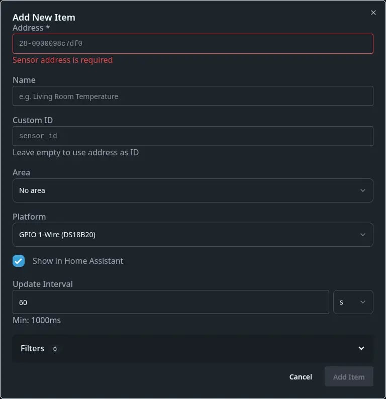 Add Onewire device view