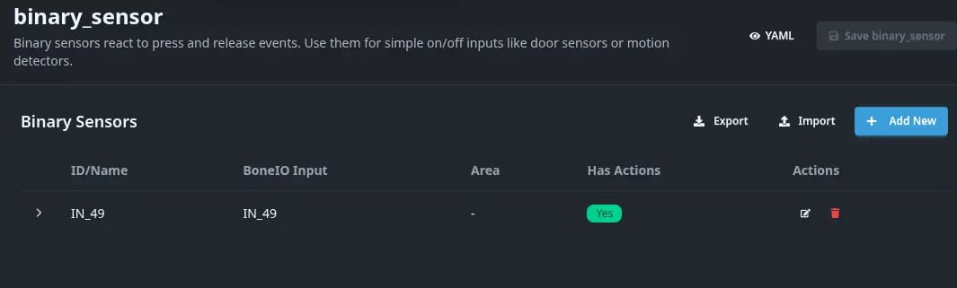Binary sensors menu view