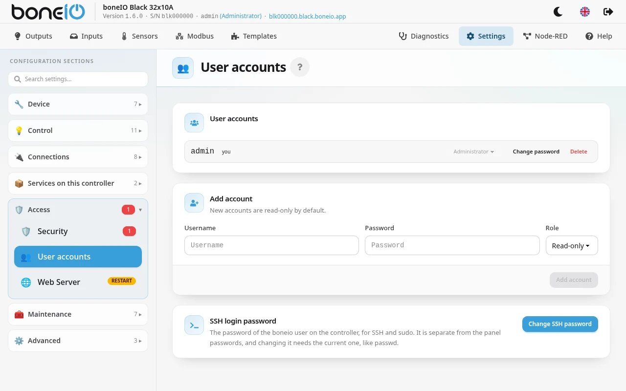 User accounts, the SSH login password card with the Change SSH password button