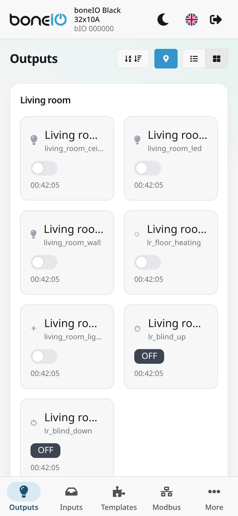 Phone, Outputs view with the bottom bar: Outputs, Inputs, Sensors, Modbus, More