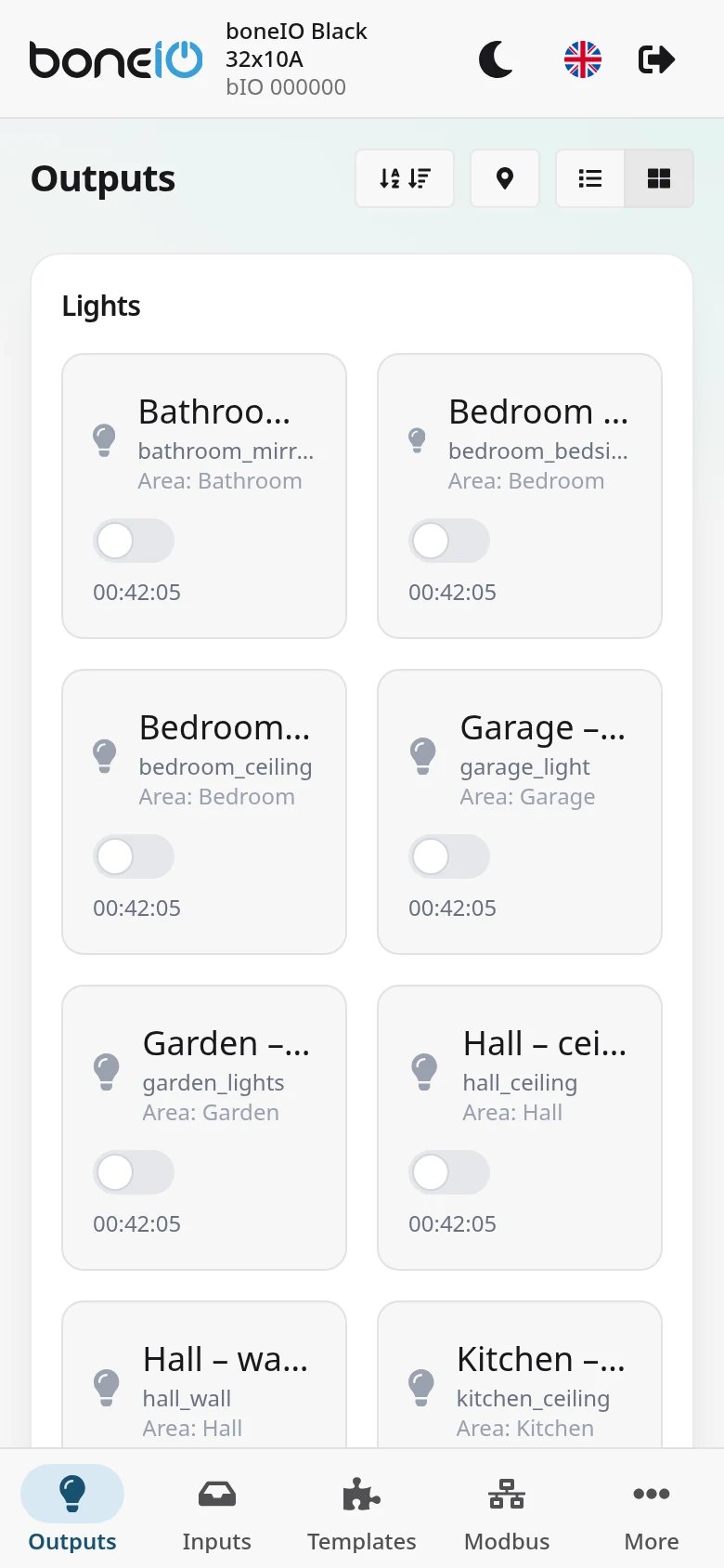 The panel on a phone: outputs grouped by room, bottom navigation bar