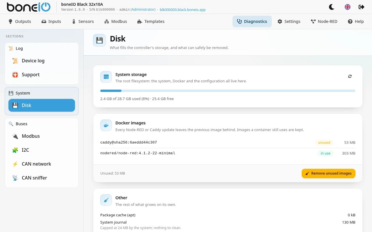 Diagnostics → System → Disk: System storage bar, Docker images with in use / unused badges, Other