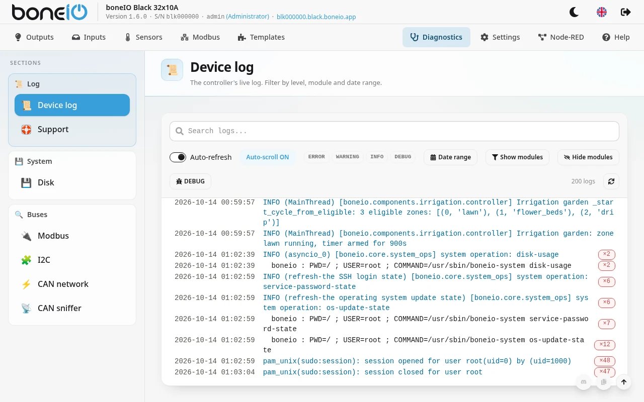 Diagnostics page — search bar, toolbar, aggregated log