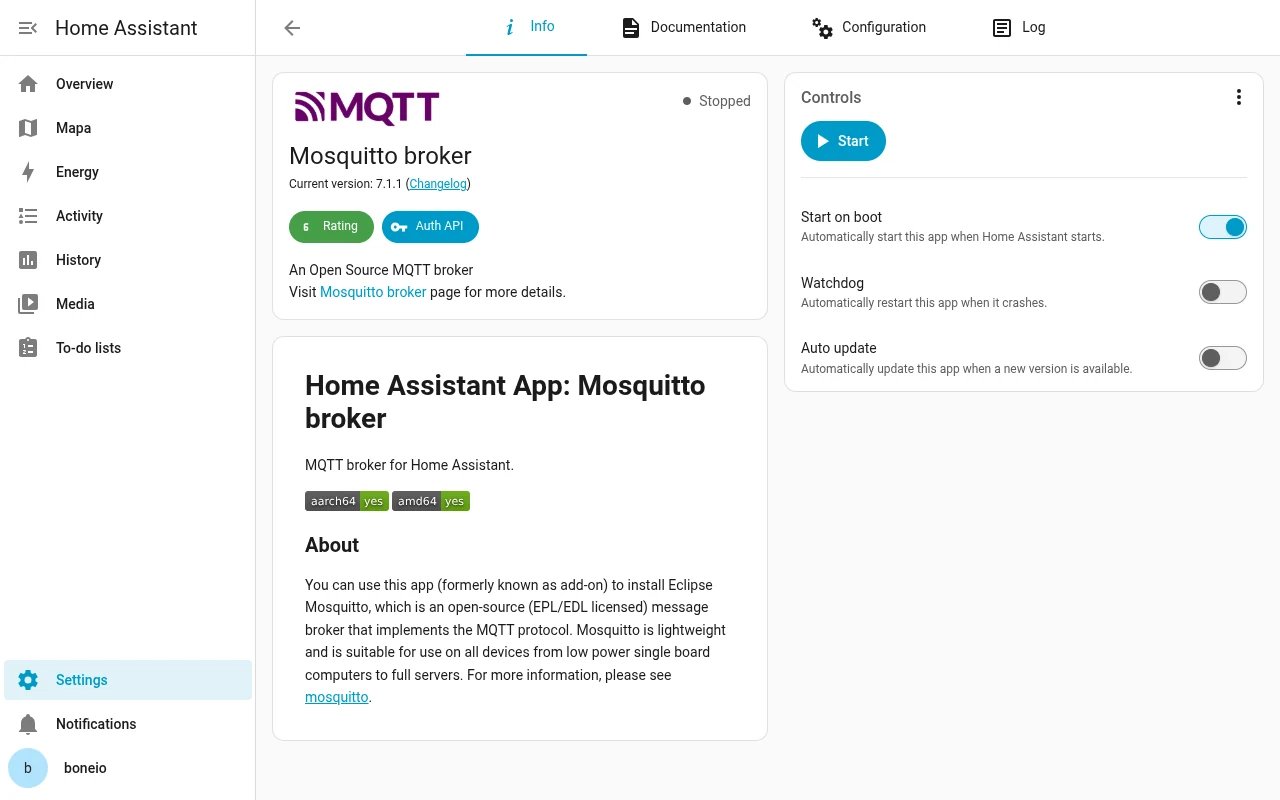 Home Assistant: Mosquitto broker installed, the Start button