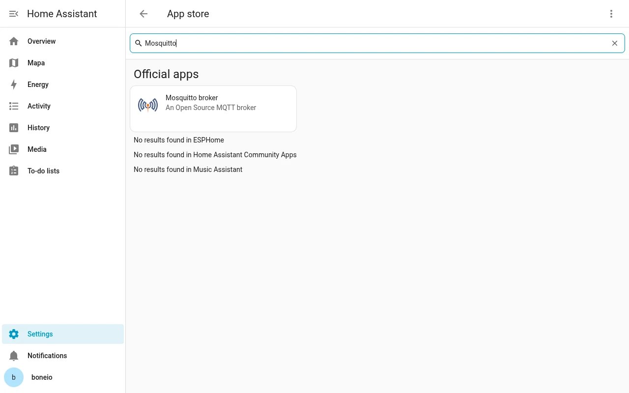 Home Assistant: the App store with Mosquitto broker found