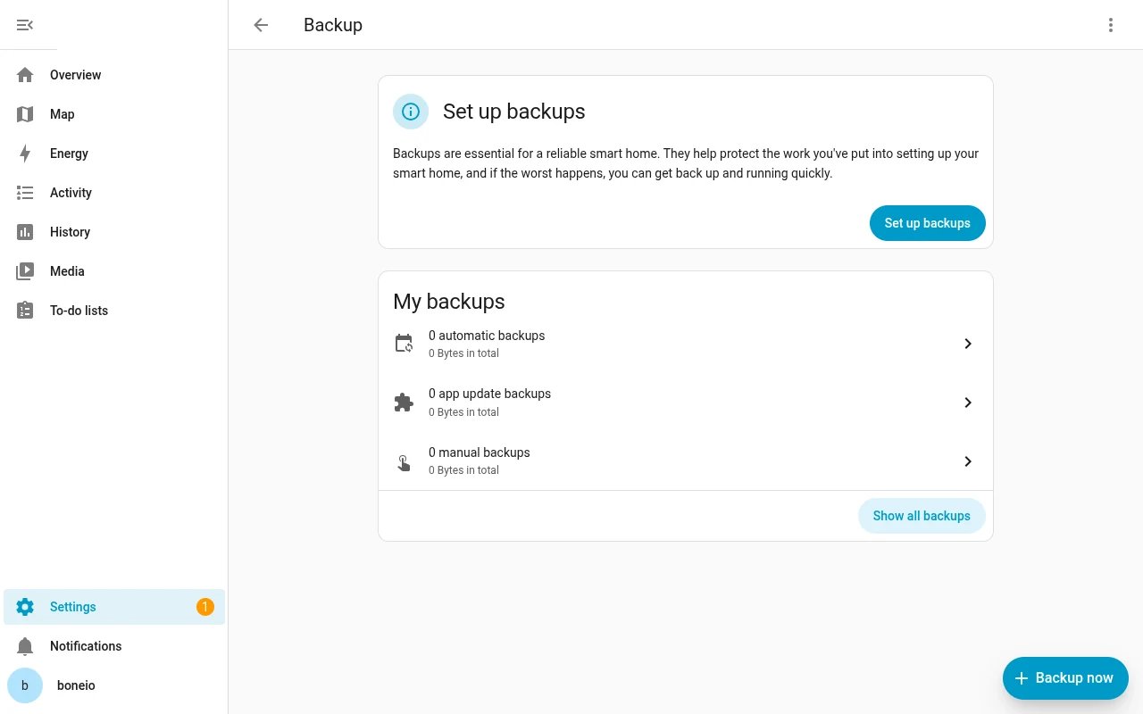 Home Assistant: the Backup page with Set up backups