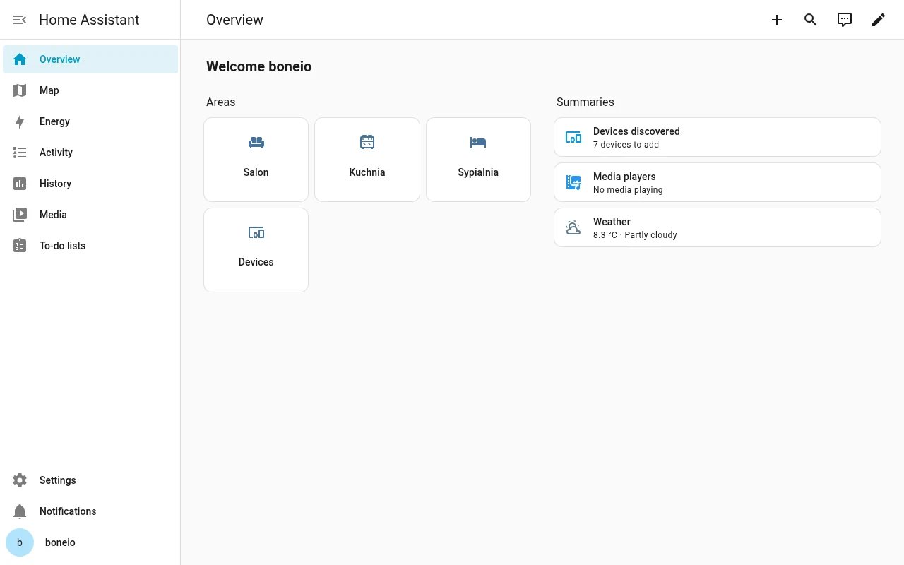 The first Home Assistant dashboard with areas and summaries