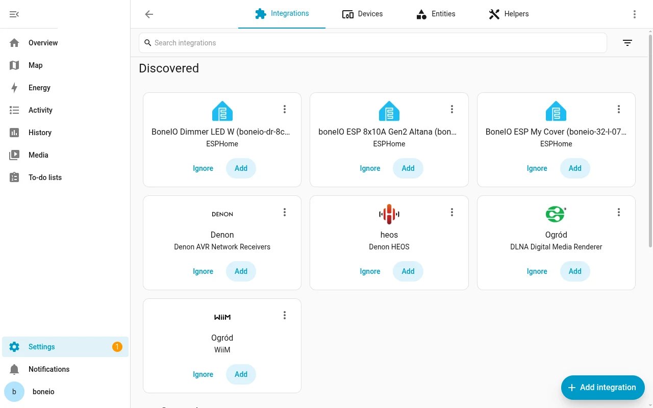 Home Assistant: Devices & services, boneIO ESP controllers discovered by ESPHome