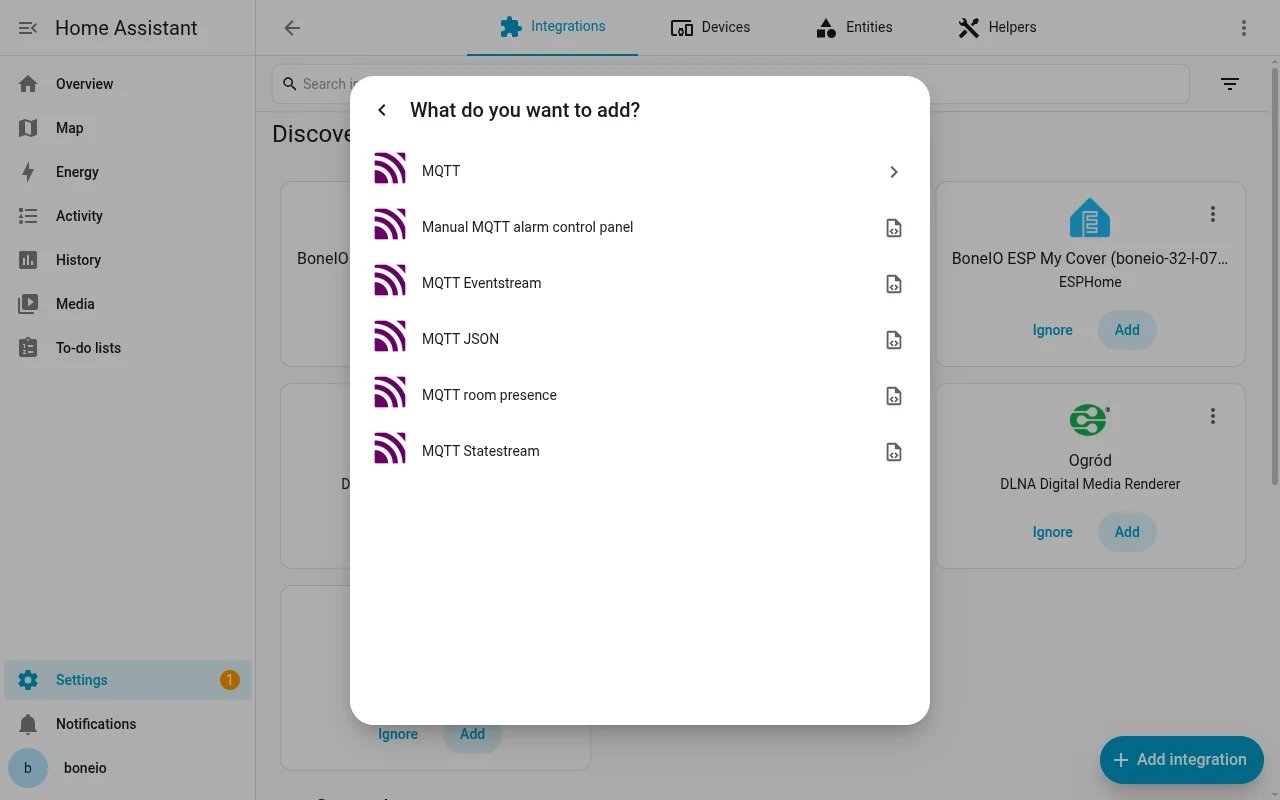Home Assistant: the What do you want to add? list with MQTT at the top