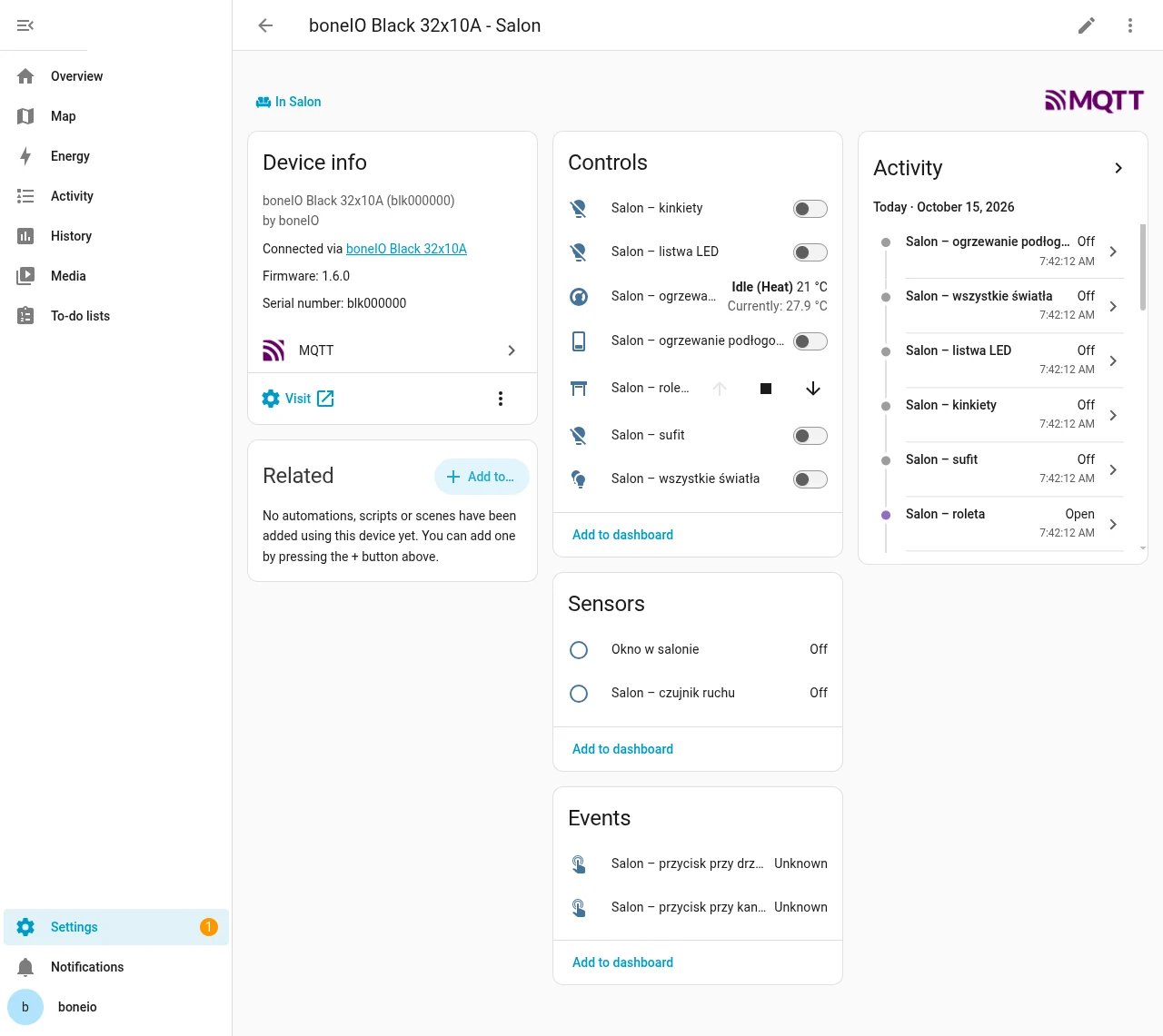 Home Assistant: the boneIO Black 32x10A - Salon device with its entities