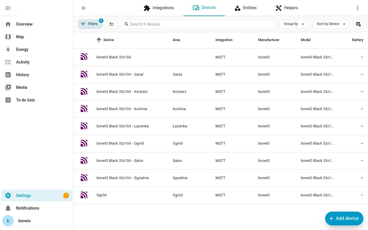 Home Assistant: the list of boneIO Black devices with their areas
