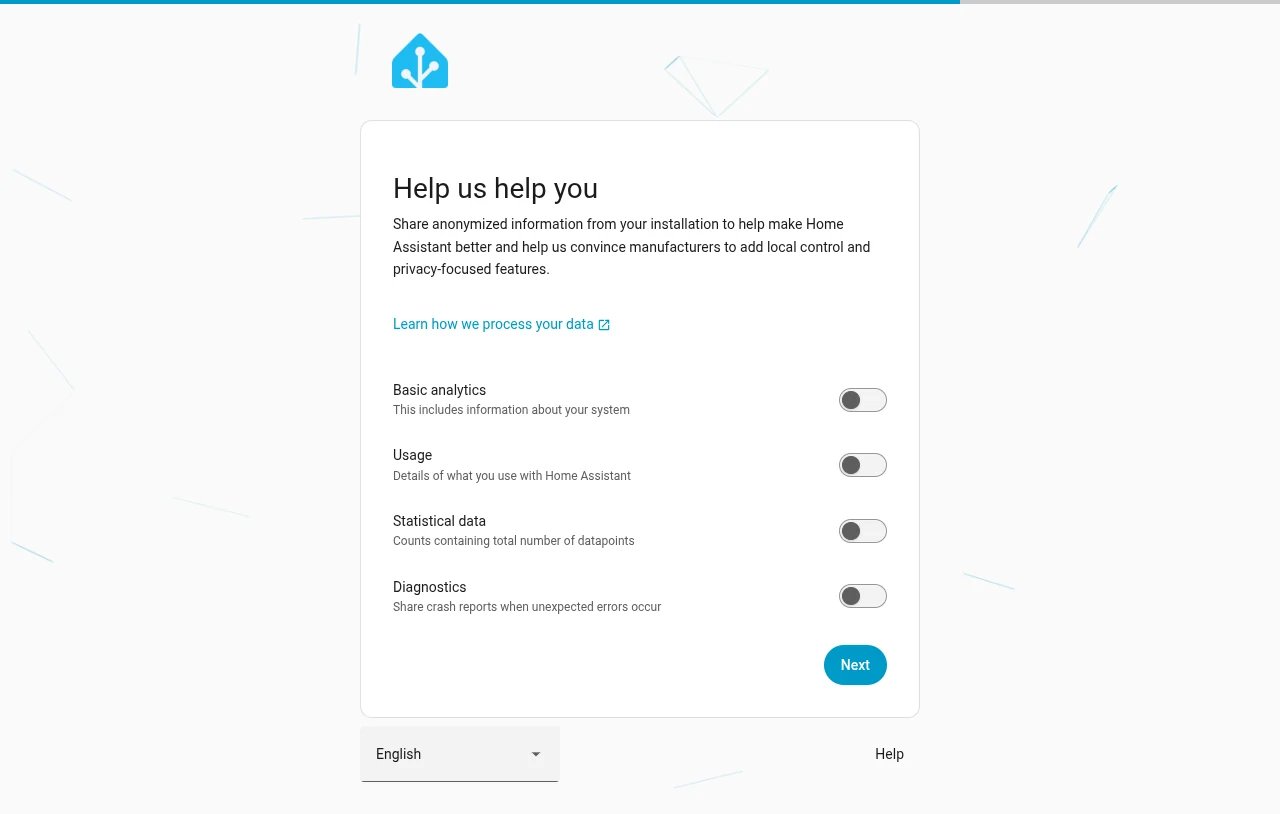 Home Assistant wizard: the Help us help you step with the analytics switches