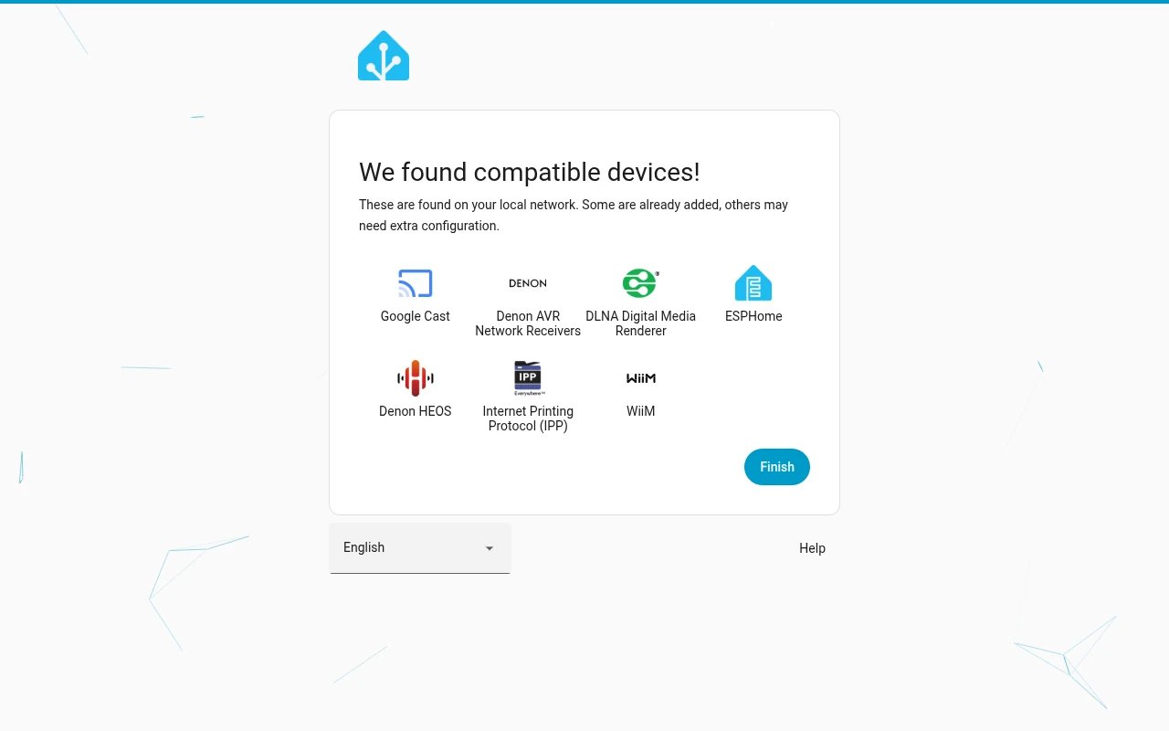 Home Assistant wizard: the We found compatible devices step with the integrations found