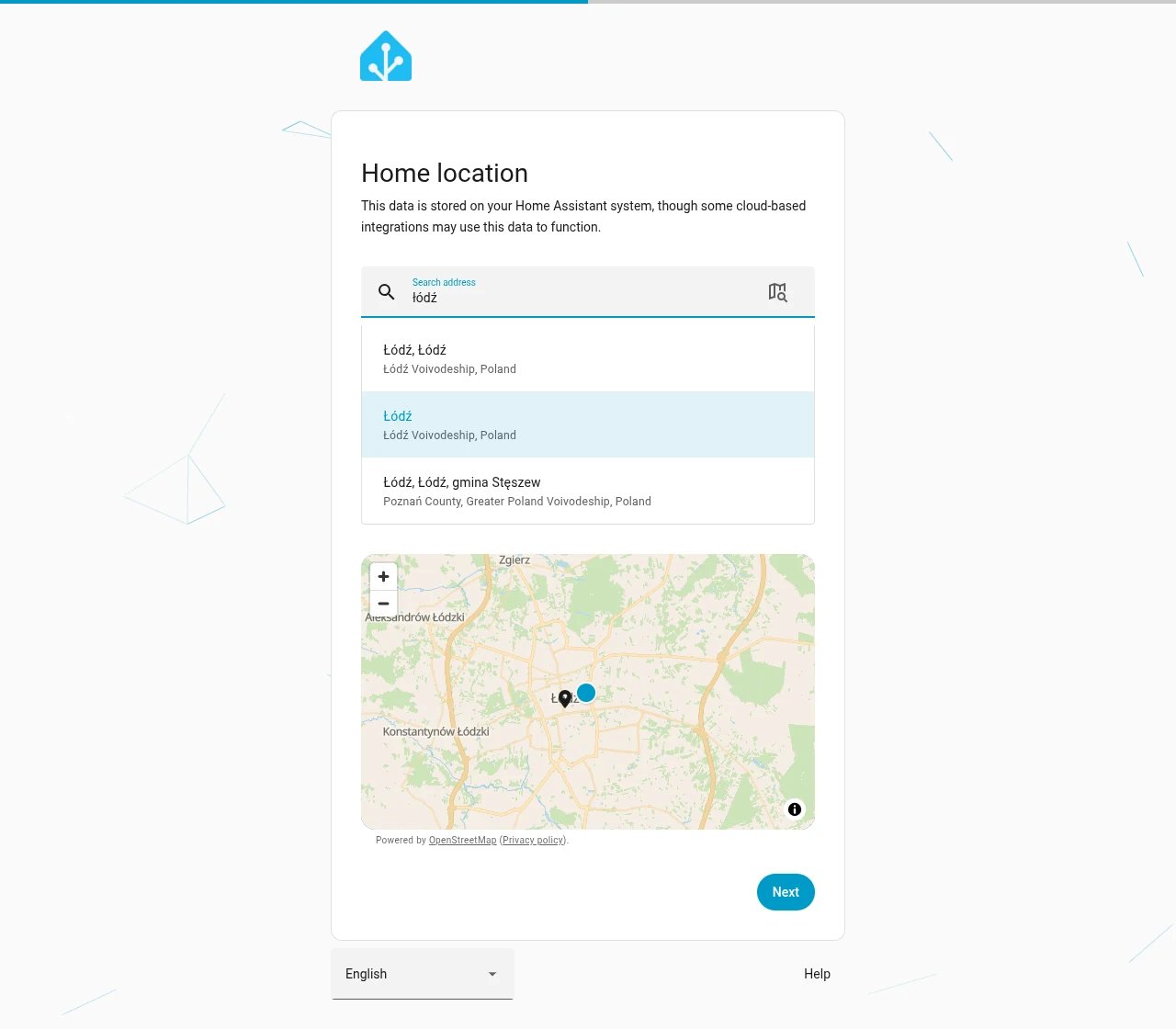 Home Assistant wizard: the Home location step with the address search and the map