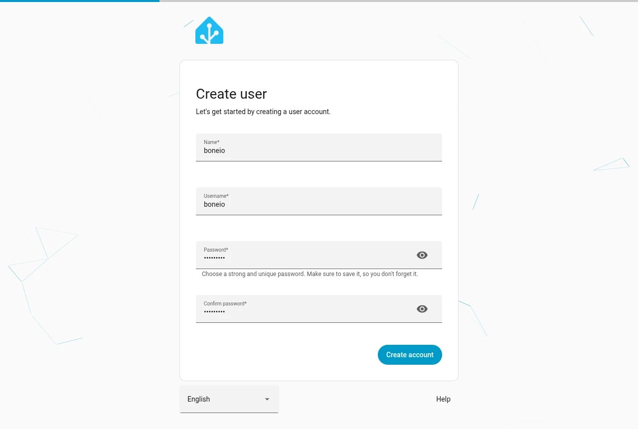 Home Assistant wizard: the Create user step filled in