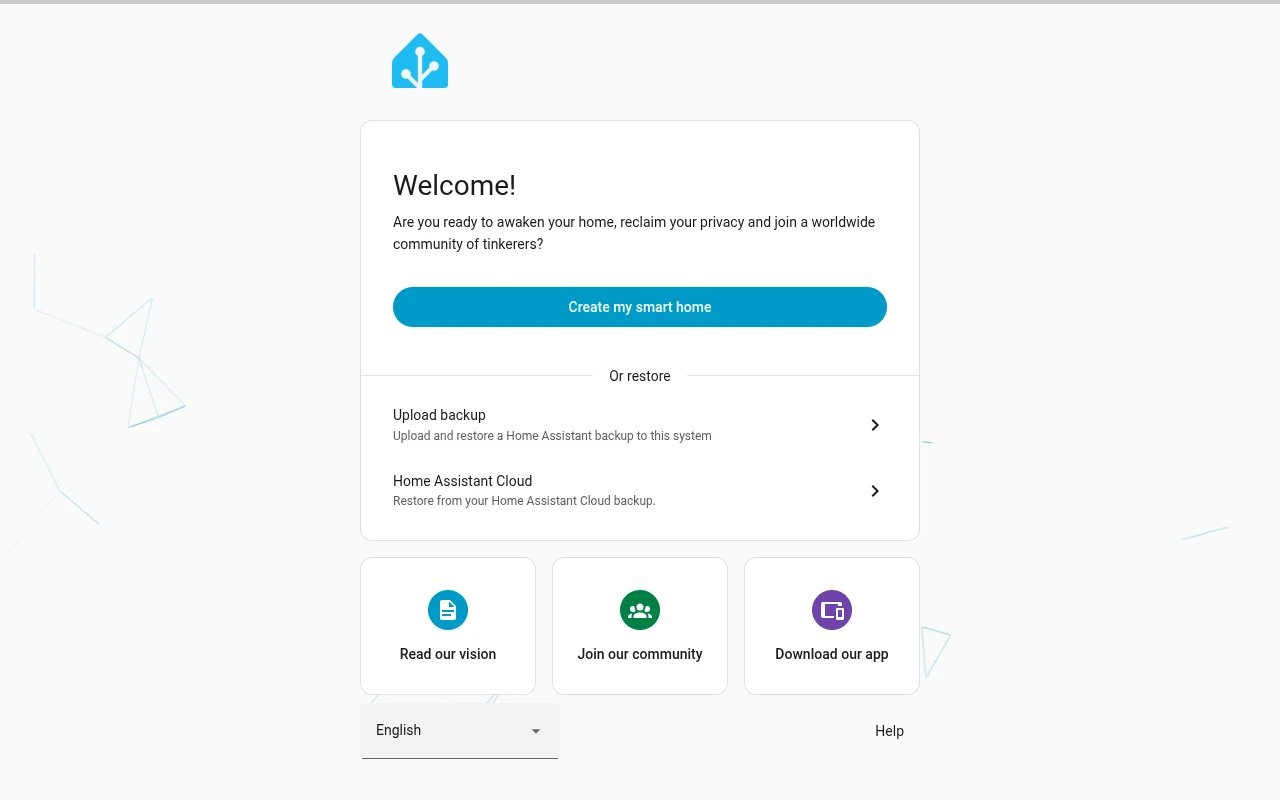 Home Assistant wizard: the Welcome! screen with Create my smart home