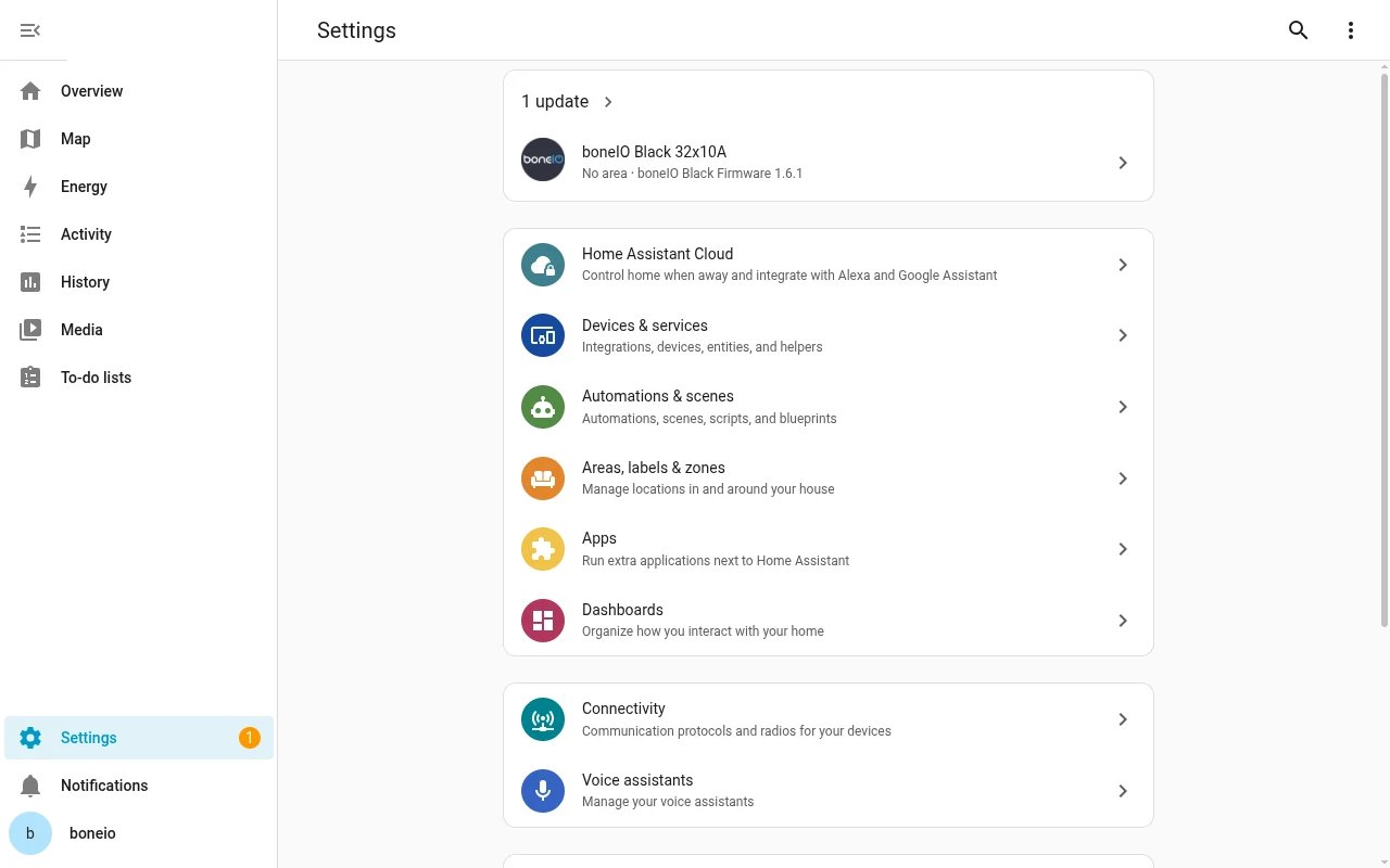Home Assistant: Settings with the boneIO Black Firmware update at the top