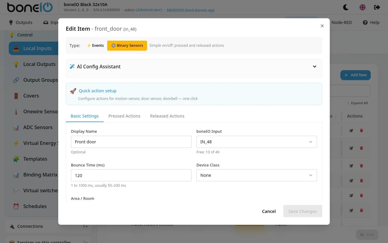 Local Inputs form with Type set to Binary Sensors, Basic Settings tab open
