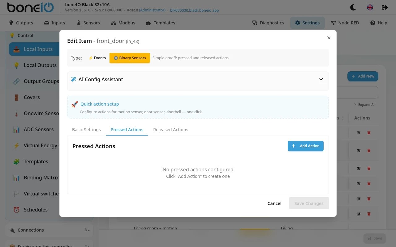 Pressed Actions tab with one Output action and Delay execution ticked