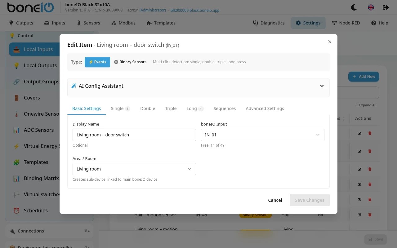 Local Inputs form with Type set to Events, Basic Settings tab open