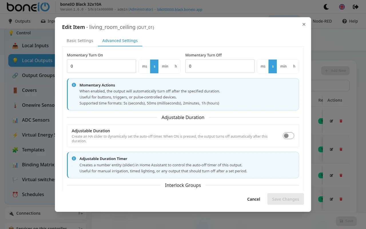 Advanced Settings tab with Momentary Turn On, Adjustable Duration and Interlock Group