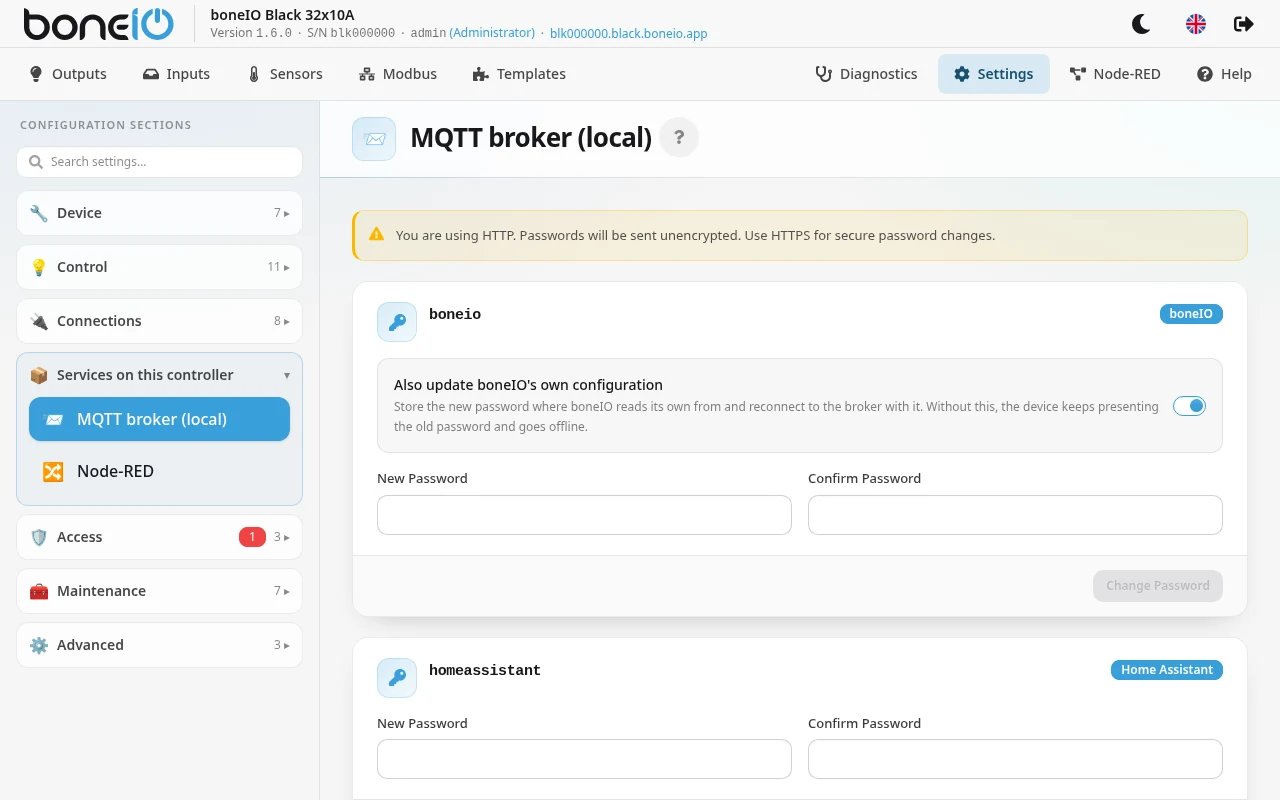 Settings → Services on this controller → MQTT broker (local), user list with the "Also update boneIO's own configuration" switch