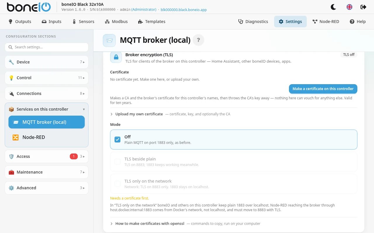 Settings → Services on this controller → MQTT broker (local), Broker encryption (TLS) card with a certificate, its "Valid for" list and the three modes