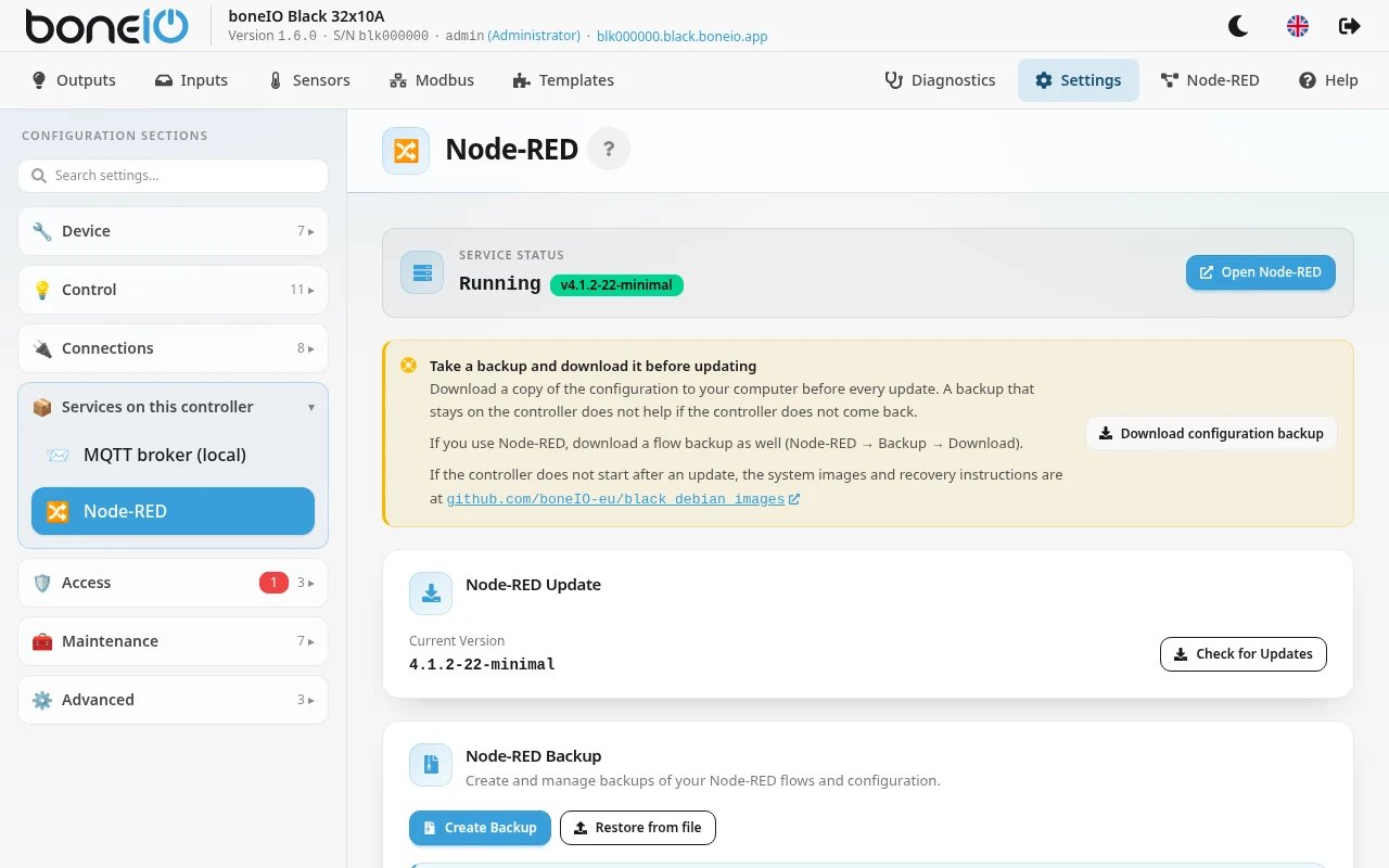 Settings → Services on this controller → Node-RED, Node-RED Update card