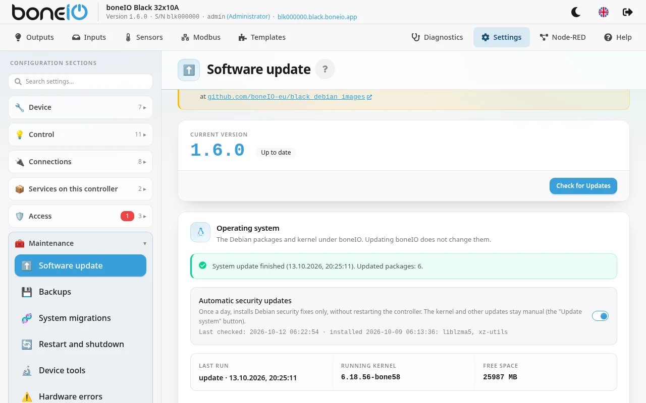 Software update → Operating system card after a check, with the package count and the time estimate