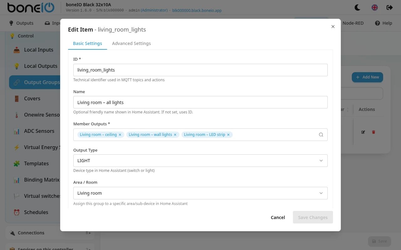 Settings → Control → Output Groups, Basic Settings tab with three member outputs