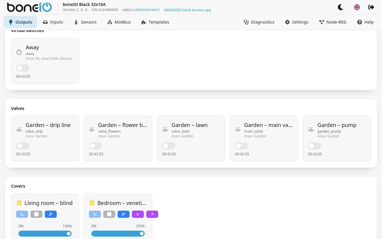 Outputs page with the Virtual switches group