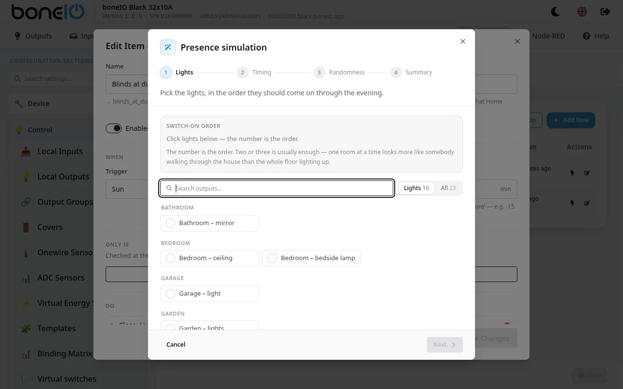 Presence simulation wizard, Lights step with three lights picked in order