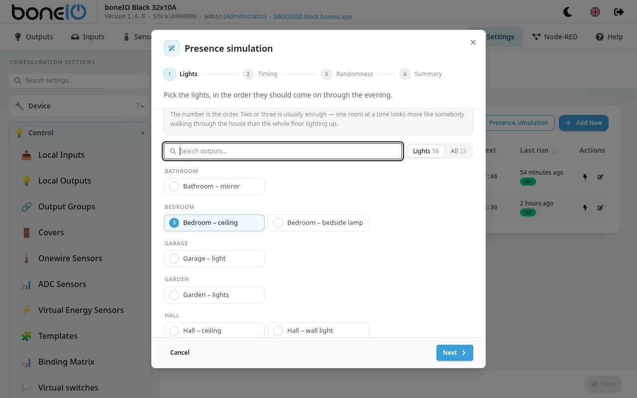 Presence simulation wizard, Summary step