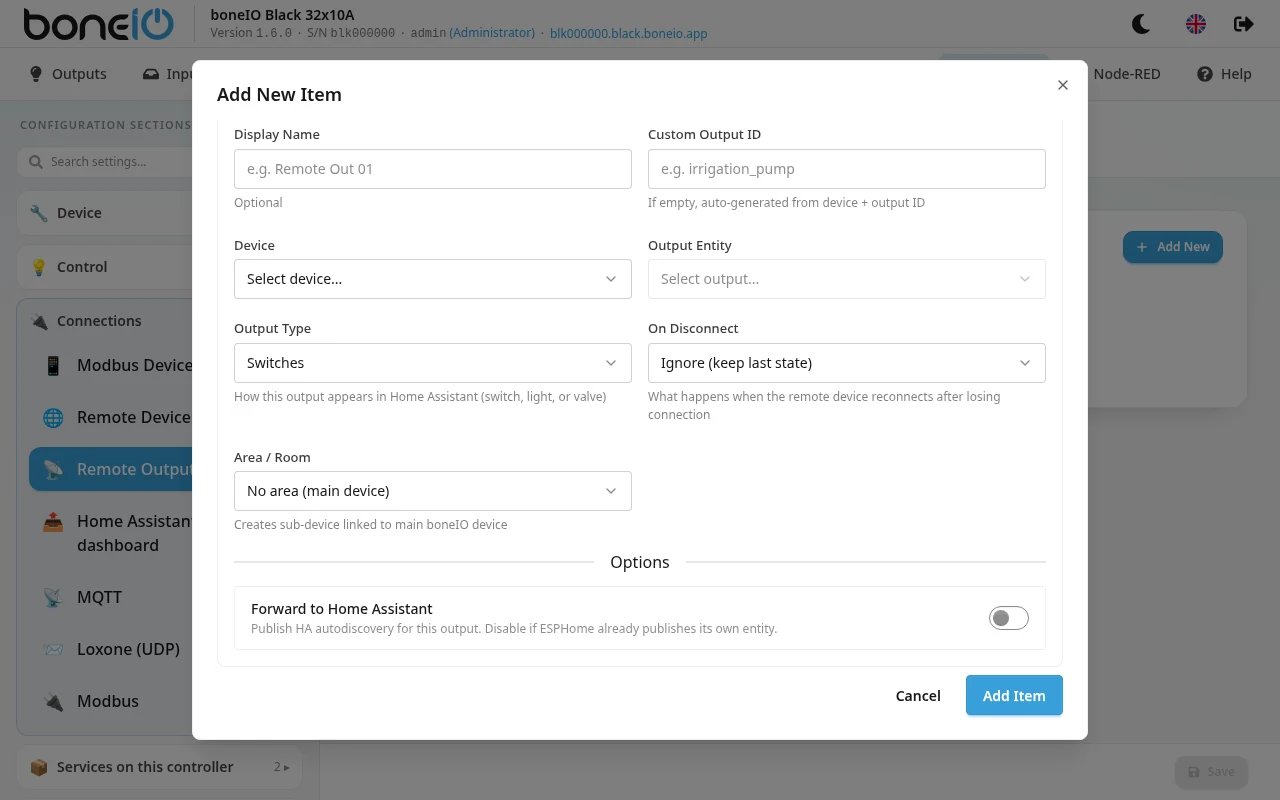 Settings → Connections → Remote Outputs, Basic Settings tab with Device and Output Entity filled in