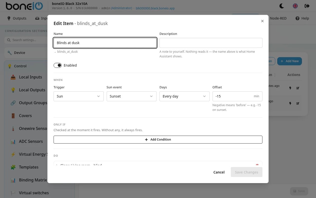Schedule editor with a Sun trigger (Sunset, offset -15) and one cover action