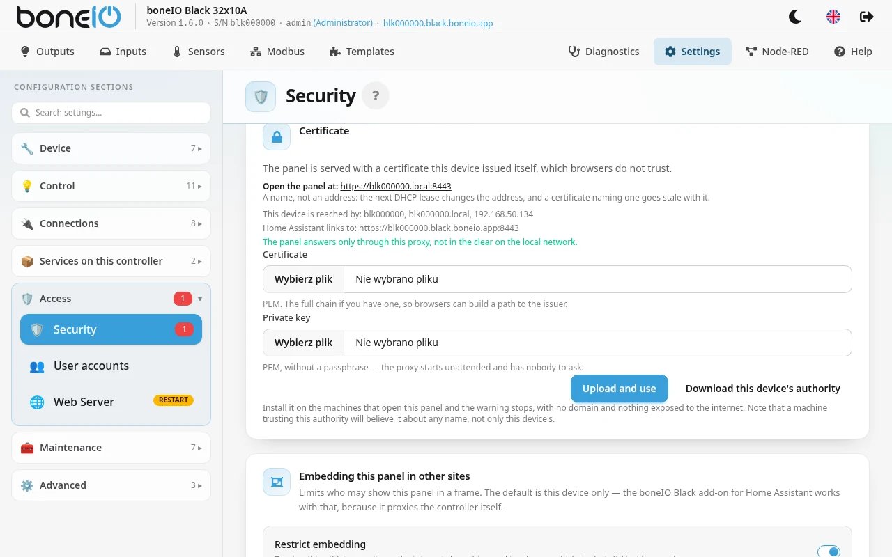 Settings → Access → Security, the Certificate card with "Open the panel at" and the download button