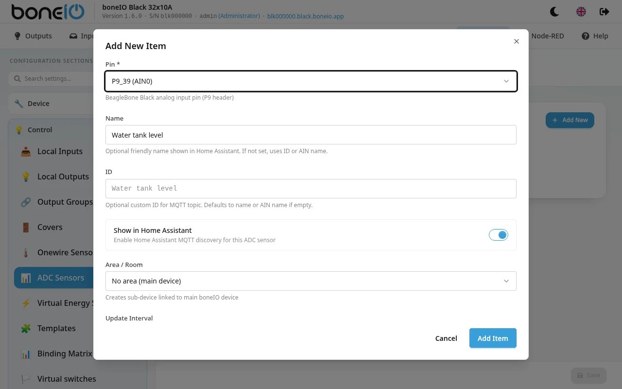 Settings → Control → ADC Sensors, editing one sensor with Pin, Name, Filters