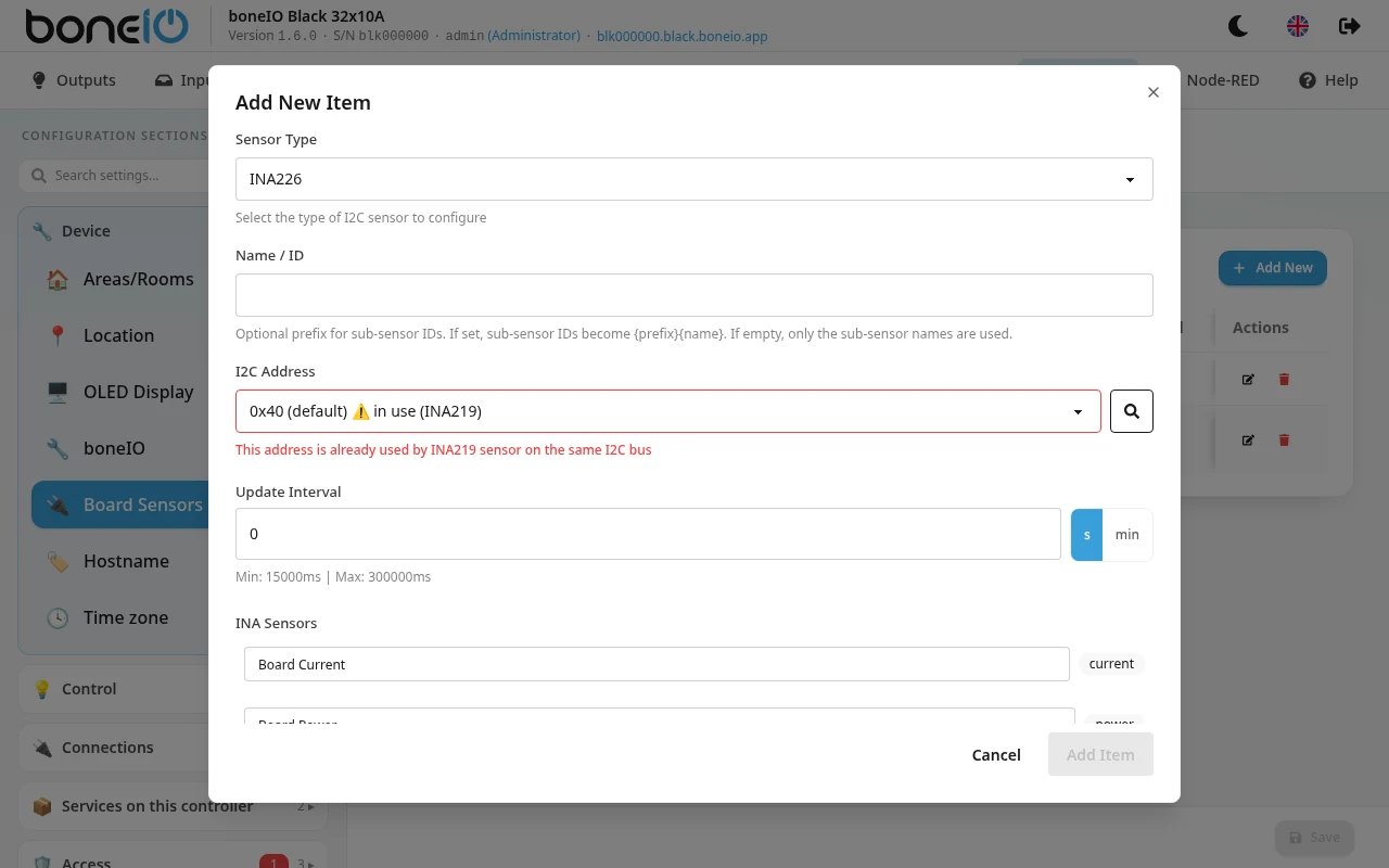 Settings → Device → Board Sensors, Add New dialog with Sensor Type INA226, I2C Address, Update Interval and the INA Sensors list