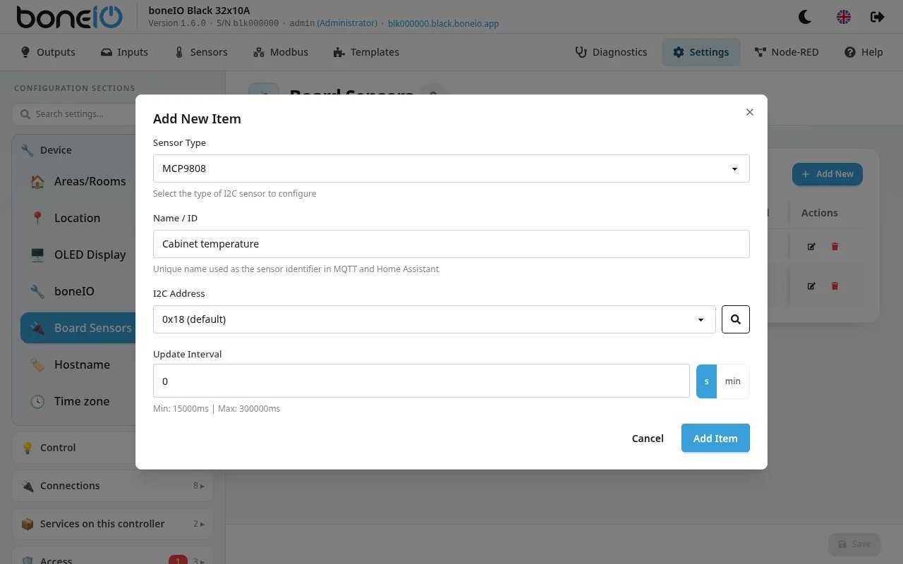 Settings → Device → Board Sensors, Add New dialog with Sensor Type MCP9808, Name / ID, I2C Address, Update Interval