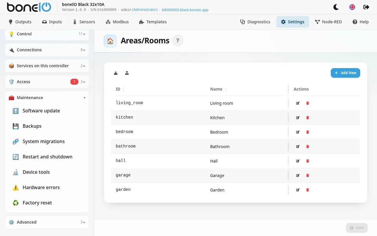 Settings with the seven groups in the sidebar, Maintenance expanded