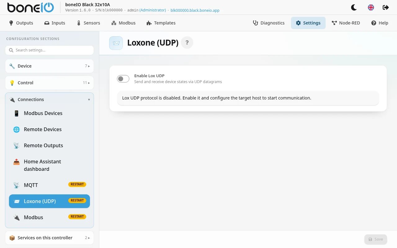 Settings → Connections → Loxone (UDP)