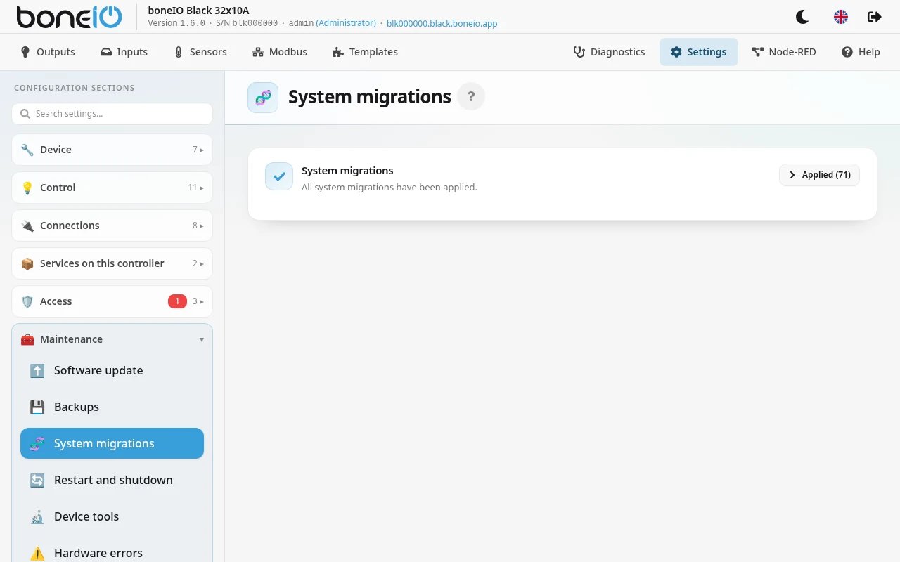 Settings → Maintenance → System migrations, all applied