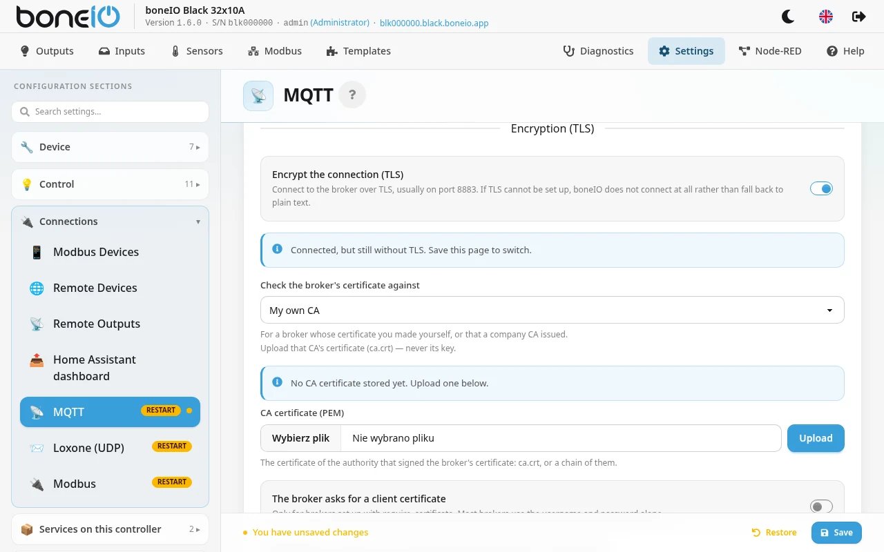 Settings → Connections → MQTT, Encryption (TLS) block switched on with "My own CA" selected and a stored CA shown