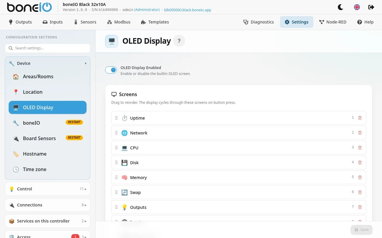 Settings → Device → OLED Display with the Screens list and the Add screen buttons